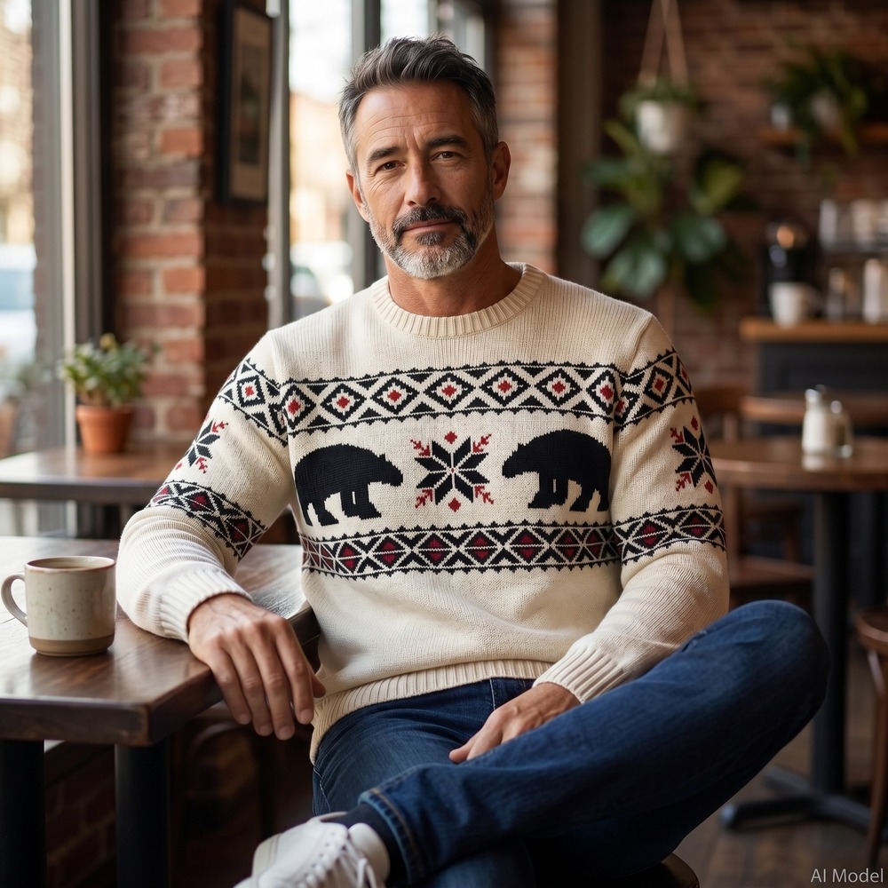 American Living Sweater Mens‎ XL Cream Fair Isle Bear Snowflake cabincore